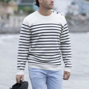 OCEANA Arseno Breton Stripe Nautical Button-Shoulder Sailor Sweater Ivory/Navy M